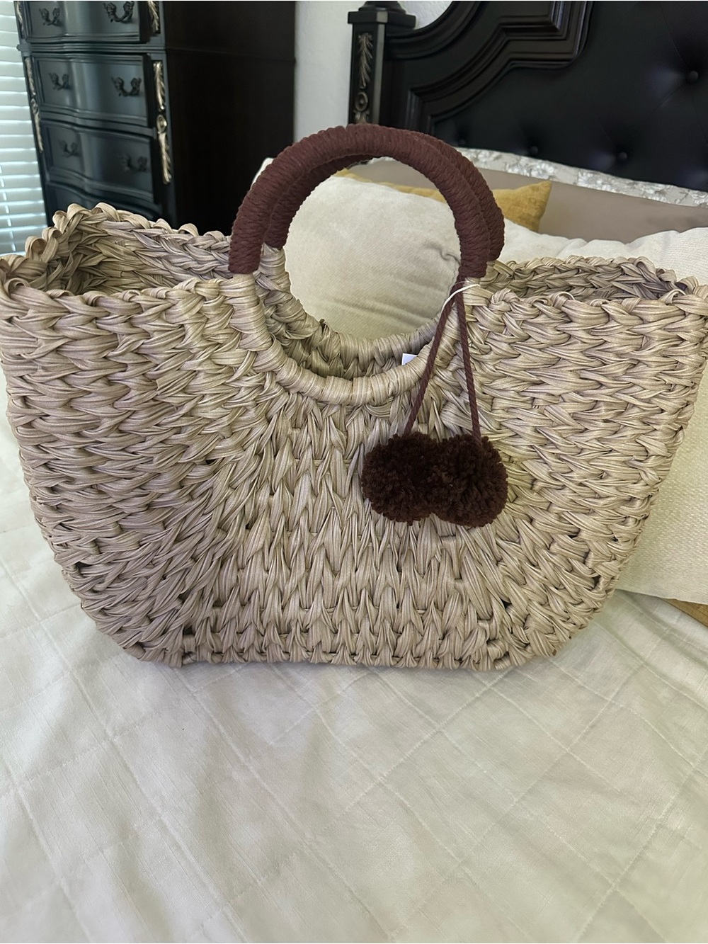Woven Straw Tote Bag with Brown Pom Accent